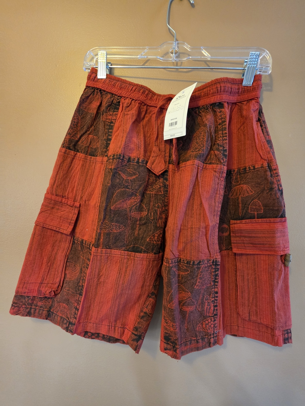 Rhea Costa Red Patchwork Cargo Shorts with Mushroom Motif
